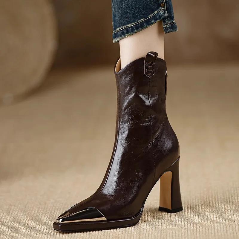 Pointed Toe Ankle Boots for Women Autumn Winter New Thick Heel PU Leather Boots Female Elegant High Heels Short Booties
