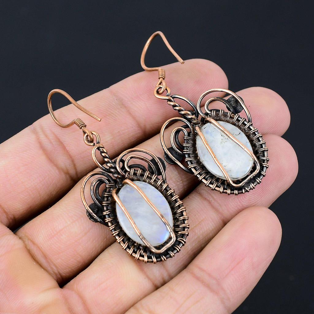 Лунный камень Драгоценный камень ручной работы из чистой медной проволоки, обернутый замечательными ювелирными серьгами