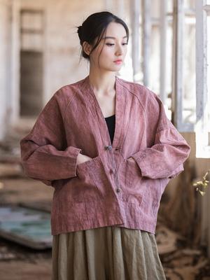 Окрашивание пряжей из рами, стирка в песке и потертые куртки для женщин 2024 года, новые летние и осенние топы с V-образным вырезом, карманами на пуговицах и длинными рукавами, пальто