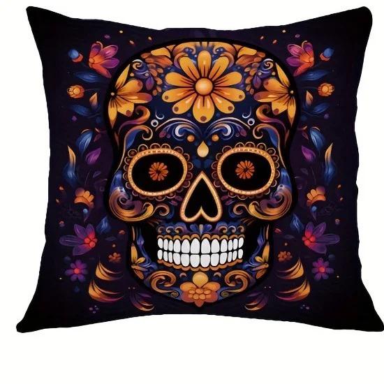 Spooky Halloween Pillow Covers 45x45cm - Colorful Sugar Skull Printed Cushion Cases, Pillow Cover for Sofa Living Room