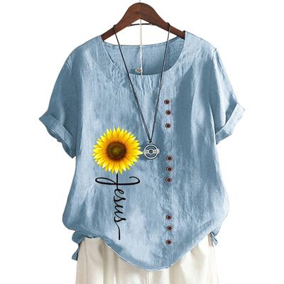 Элегантная женская хлопковая футболка с цветочным принтом и декором пуговицами, 11 цветов