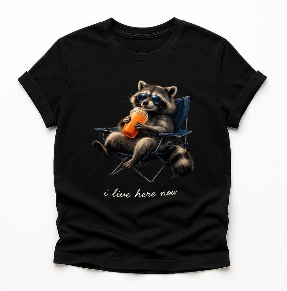 I Live Here Now T-Shirt, Funny Raccoon Camping Gift, Trash Panda Vacation Graphic Tee