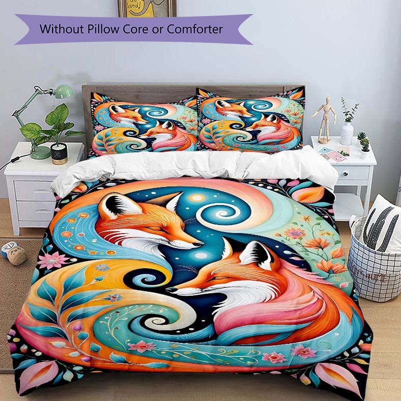 3pcs bedding set Foxes, Floral Includes 1 Comforter + 2 Pillowcases, Without Pillow Inserts, Soft Comfortable, Lightweight Breathable032