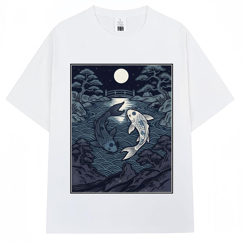 Japanese Style Yin Tang Koi Fish Moonrise Graphic T Shirt Unisex Unisex Fashion Vintage Tshirts Oversized Cotton Casual Y2k Tshirt