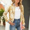 Women Jacket Shiny Sequin Long Sleeve Stand Collar Striped Loose Zipper Closure Elastic Cuff Stage Performance Emcee Coat
