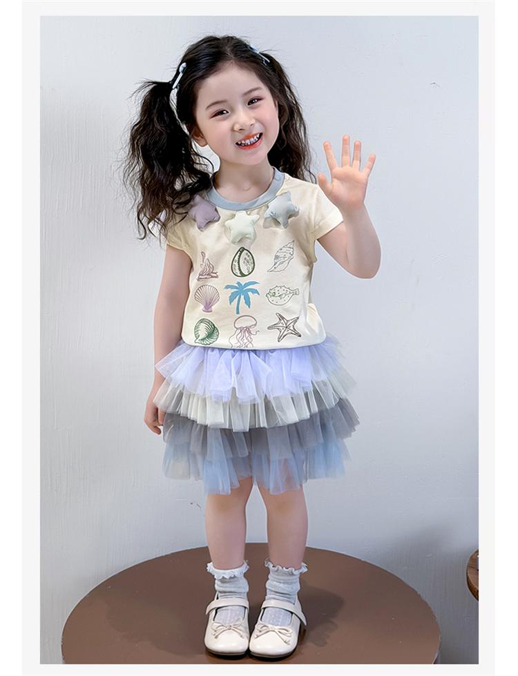 Girls' summer outfit set, children's 2026 new sweet and stylish printed short sleeved T-shirt, baby's fashionable fluffy skirt