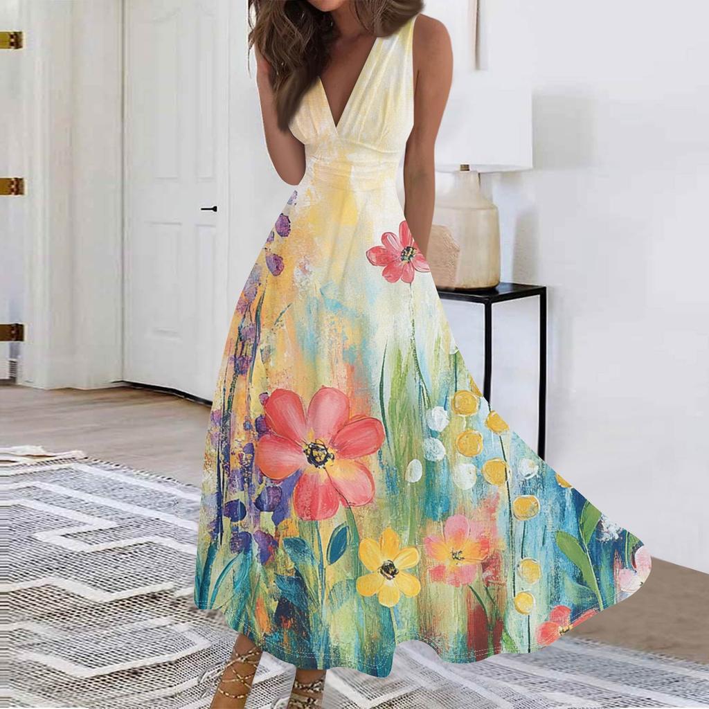 Женские модные повседневные свободные платья с V-образным вырезом без рукавов с принтом