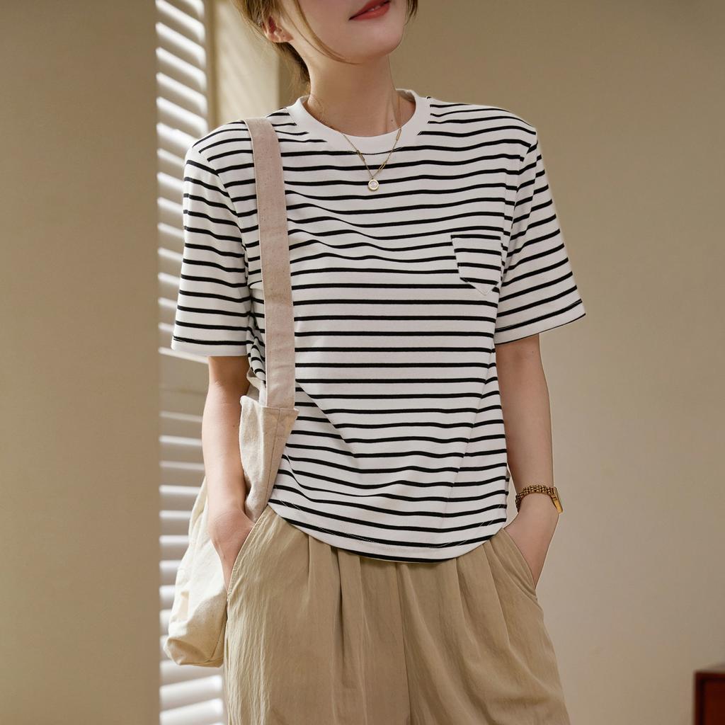 Pure Cotton Striped T-shirt for Women's Summer New Curved Loose Casual Short-sleeved Top