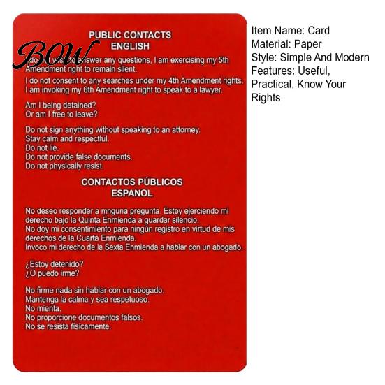 Rights Card for Everyday Carry Red Public And Residential Contacts Know Your Encounter Dual-Language Warning Non-Citizens on How to Assert