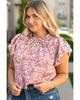 Azura Exchange Pink Plus Size Floral Print Ruffled Sleeve Frilled Neck Blouse