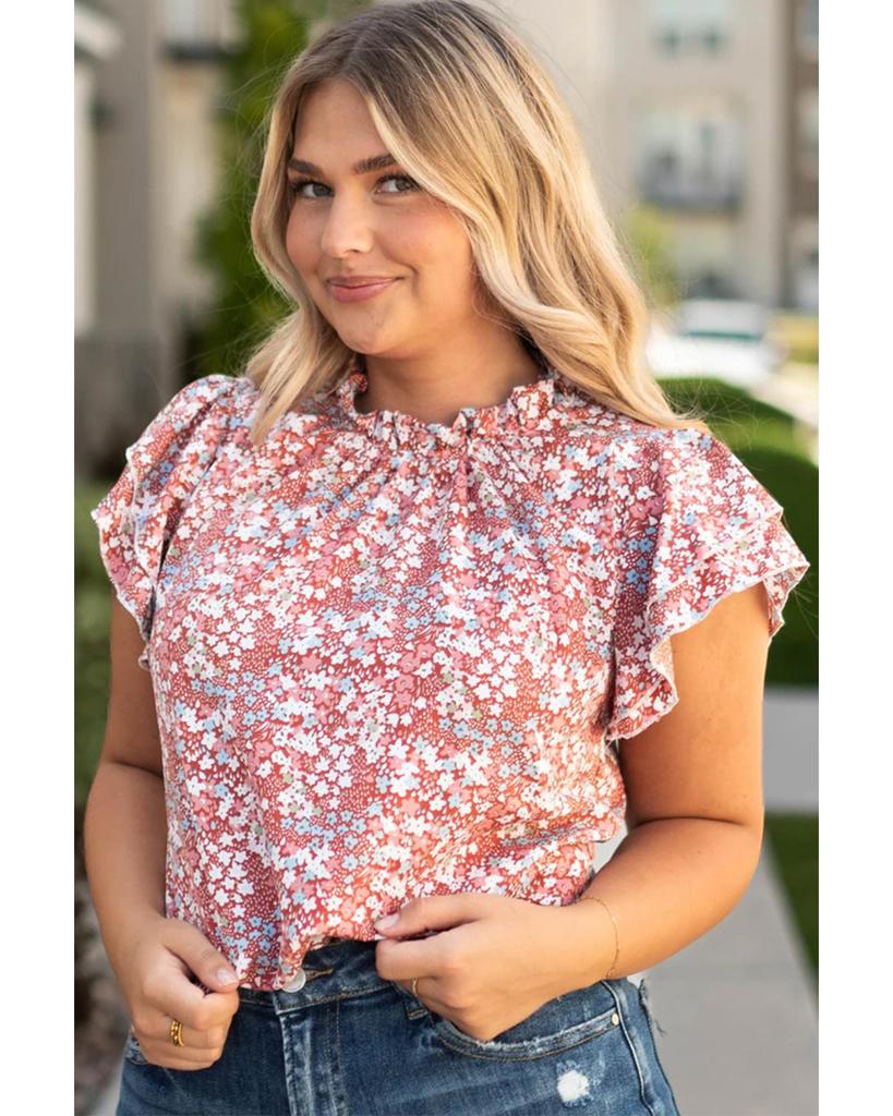 Azura Exchange Pink Plus Size Floral Print Ruffled Sleeve Frilled Neck Blouse