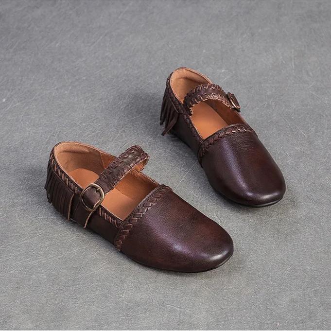 Johnature Натуральная кожа Однотонная Пряжка для ремня Женская обувь Ретро Универсальная Кисточка Круглый носок Мягкая подошва Балетки