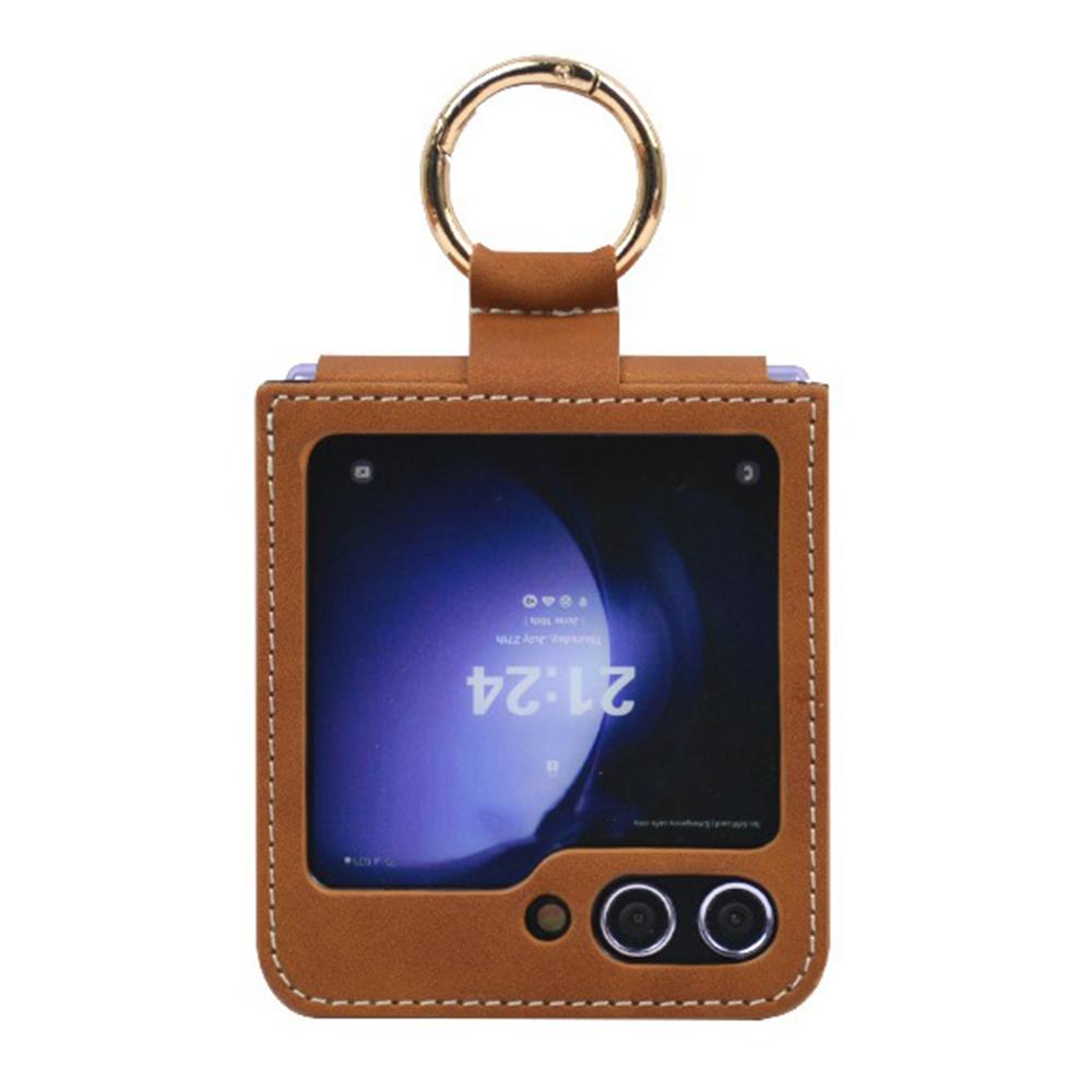 For Samsung Galaxy Z Flip5 5G Case Leather Coated PC Phone Cover with Ring Kickstand