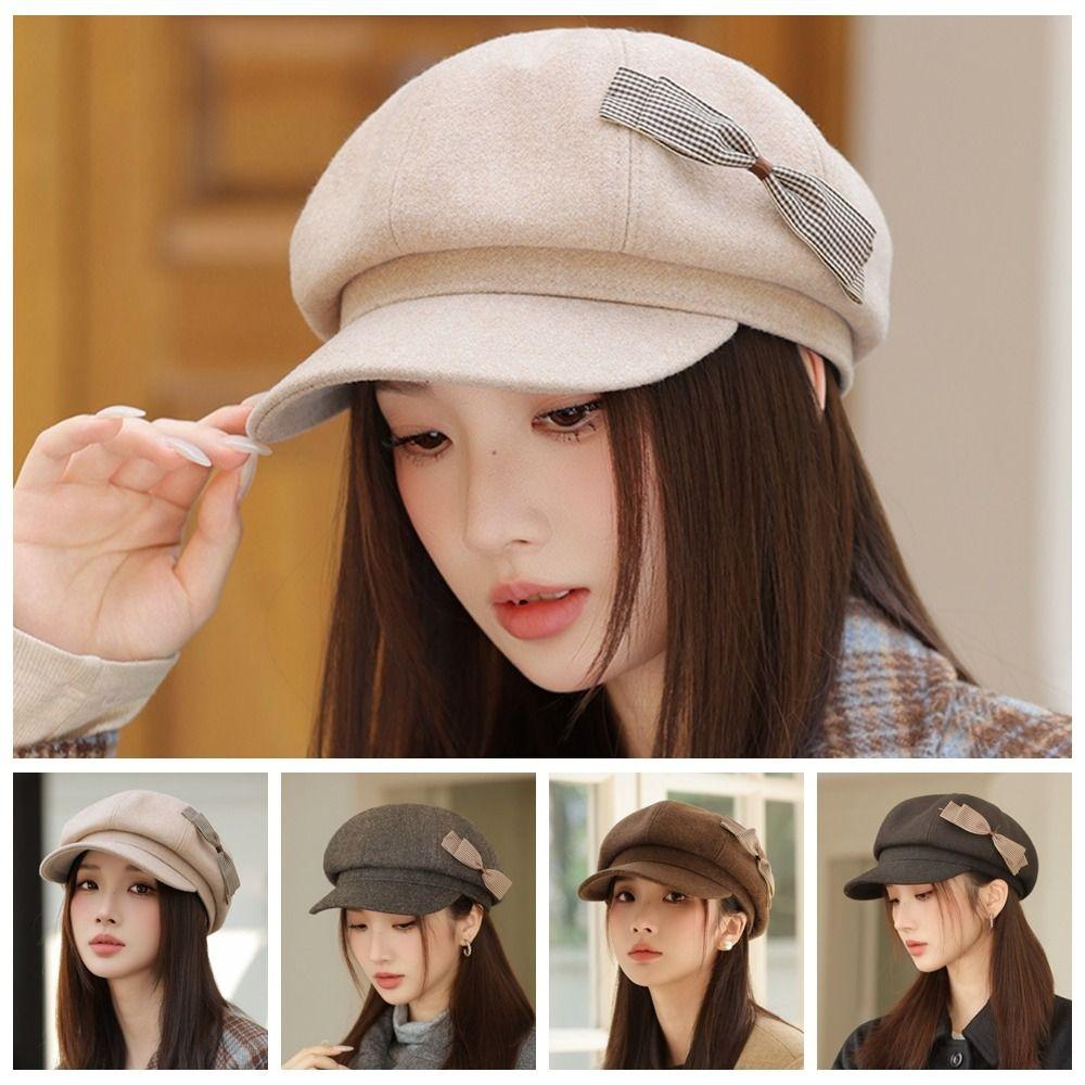 Wool Newsboy Hat Solid Color Octagonal Cap Casual Painter Hat  Female
