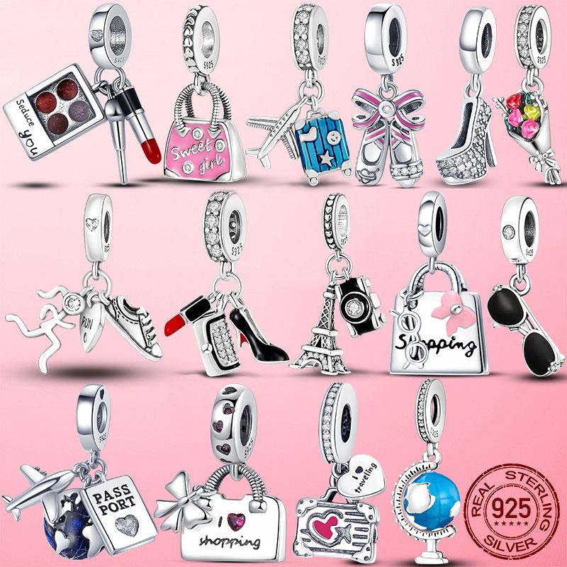 New 925 Sterling Silver Red Enamel High Heels Shoes Dangle Charm Fit Fashion Bracelet Necklace Original Jewelry Making