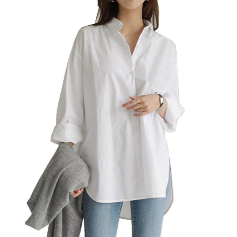 Модные повседневные свободные женские рубашки больших размеров на пуговицах с длинным рукавом, нестандартные осенние белые блузки женские однотонные простые офисные женские блузки топы 26027