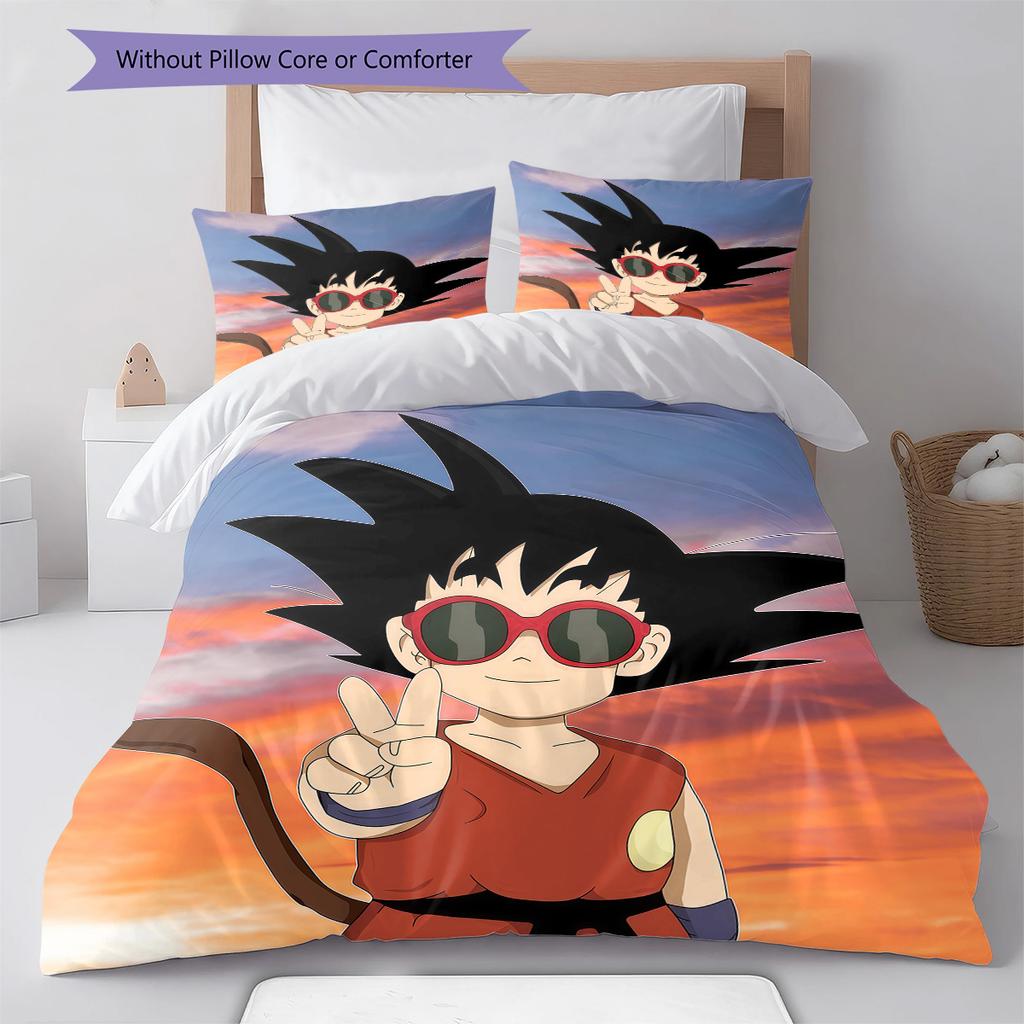 Cute Cartoon Son Goku Pattern Bedding Quilt Set Quilt Cover Pillowcase Home Birthday Gift(1 * duvet cover + 2 * pillowcase, without core)