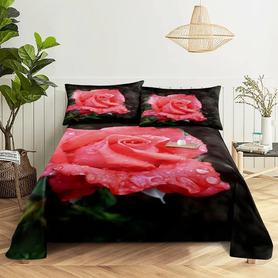 Pink Floral Bed Sheet Set Pillowcase Bedding Linens Cover Flower Queen King Twin Full Size for Single Double Bed Soft Thin