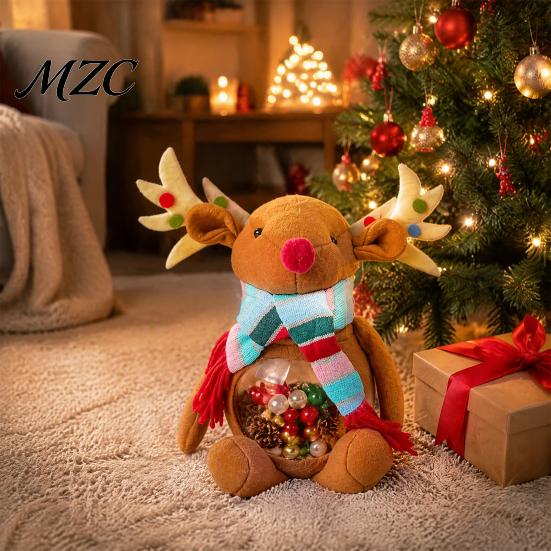 Plastic Treat Jar Christmas Candy Jar, 3D Plush Reindeer Bear Clear Container Desktop Decor with Scarf, Holiday Snack Storage Gift Box for Kids