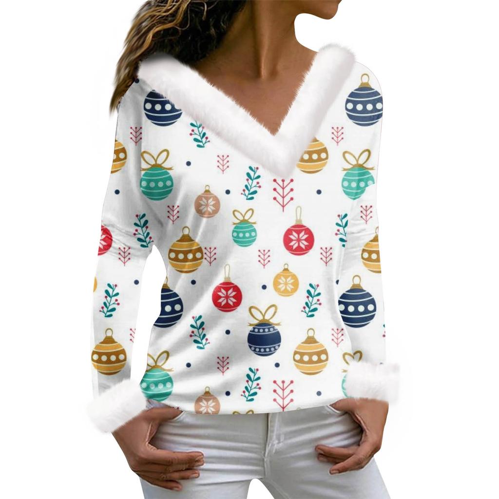 Женская футболка с рождественским принтом, футболка с длинным рукавом, флисовый воротник, топ с V-образным вырезом