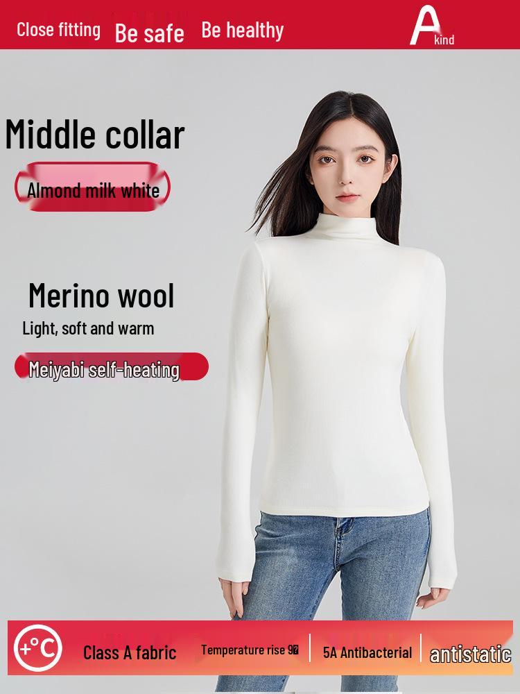 Wool Mid-Neck Slim Fit Women's Long-Sleeve Top, Versatile Autumn/Winter Layering, Warm & Cozy