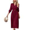 Women's Dresses Solid Color V-Neck Casual Temperament Long Sleeve Belt Lapel Pleated Skirt Dresses