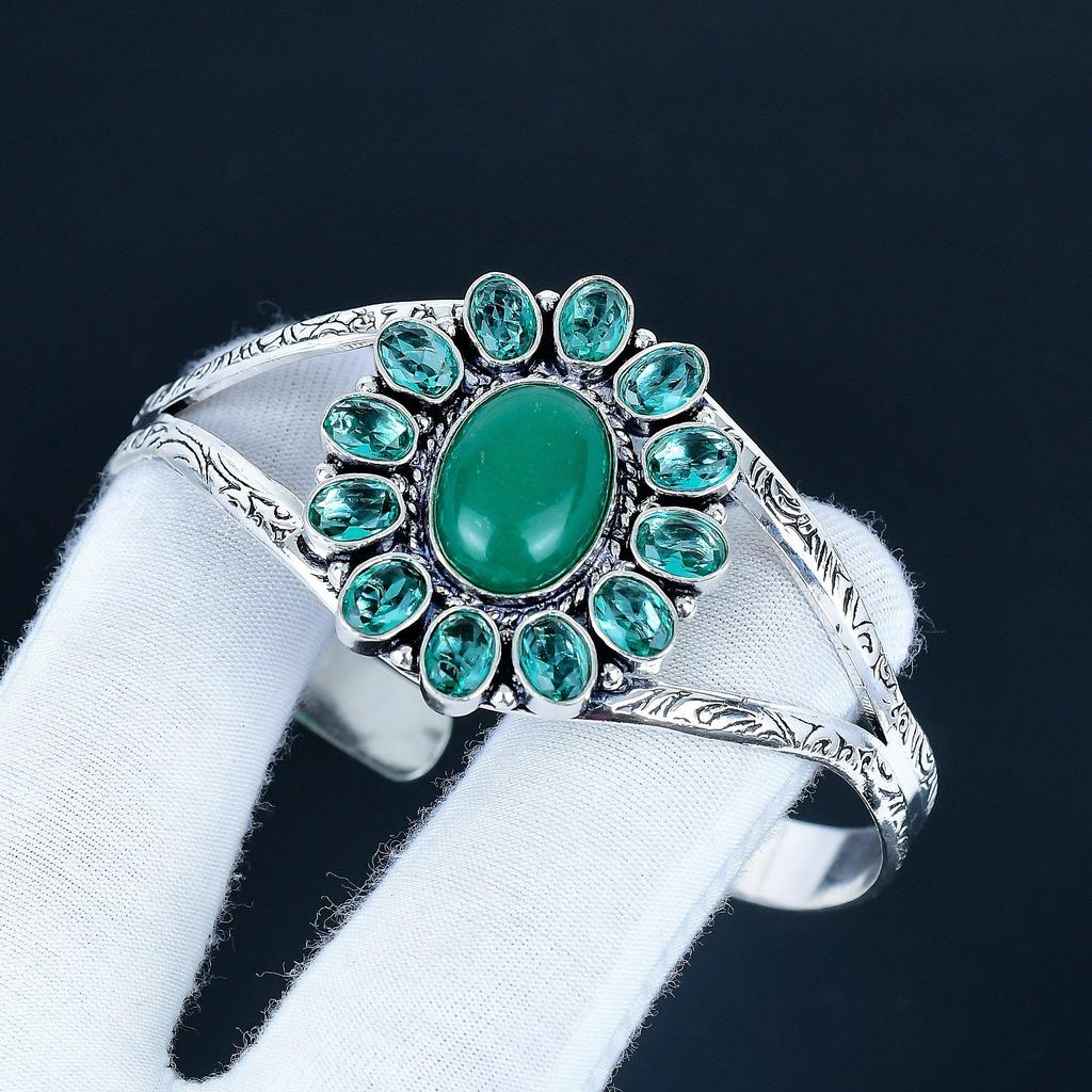 Браслет-манжета из зеленого оникса ручной работы, браслет-манжета из стерлингового серебра 925 пробы, браслет в форме цветка индиголита для жены, унисекс, подарок жене