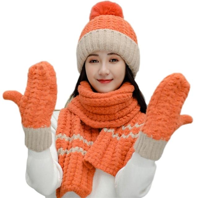 Women Winter 3Pcs Pompom Beanie Hat Long Scarf Gloves Set Contrast Color Chunky Knit Plush Lined Skull Cap Neck Warmer
