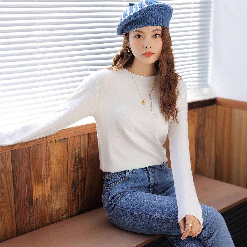 Топ с круглым вырезом, длинный рукав, трикотажный топ с открытыми плечами, начесанный базовый слой, смешивание и сочетание, белый простой