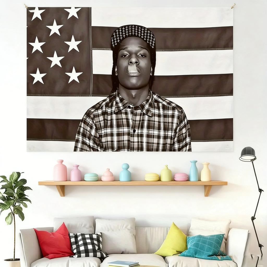 ASAP Rocky Раким Майерс Гобелен Хип-Хоп Рэп Музыка Настенный Флаг Черно-Белый Серый Арт для Спальни Комнаты в Общежитии Декор