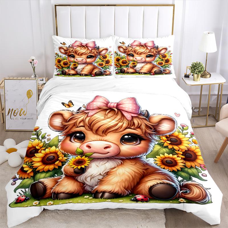 3pcs Sunflower Cow Quilt Set - Soft and Comfortable Bedroom, Guest Room and Dorm Decor Bedding Set M097