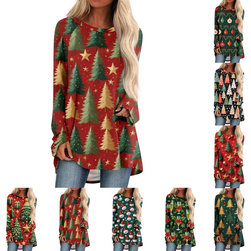 Women's Fashionable Loose Mid-length Round Neck Pullover Christmas Printed Raglan Sleeves Long-sleeved Casual Top