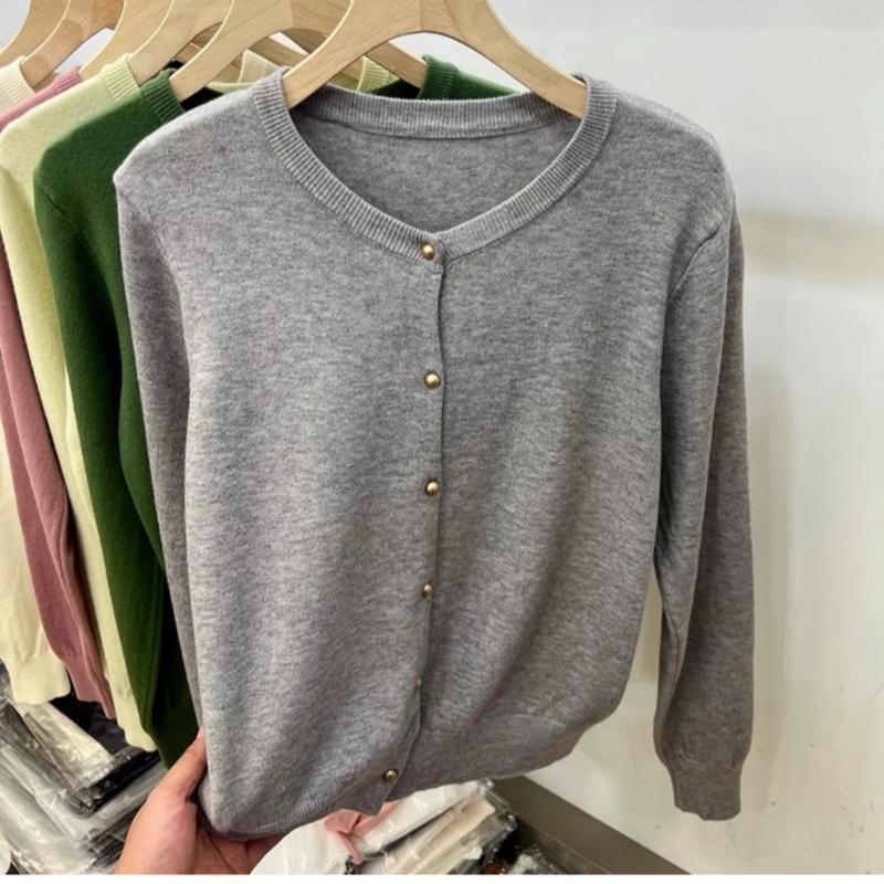 Винтажный круглый вырез свободный длинный рукав вязаный свитер кардиган женские топы осенняя мода верхняя одежда повседневные кардиганы женский однотонный трикотаж куртка 24859