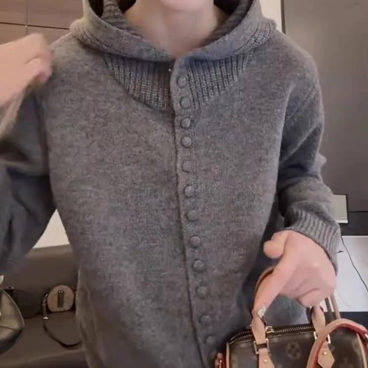 Women Autumn Hooded Sweater Lazy Style Soft Knitted Cardigan Outerwear