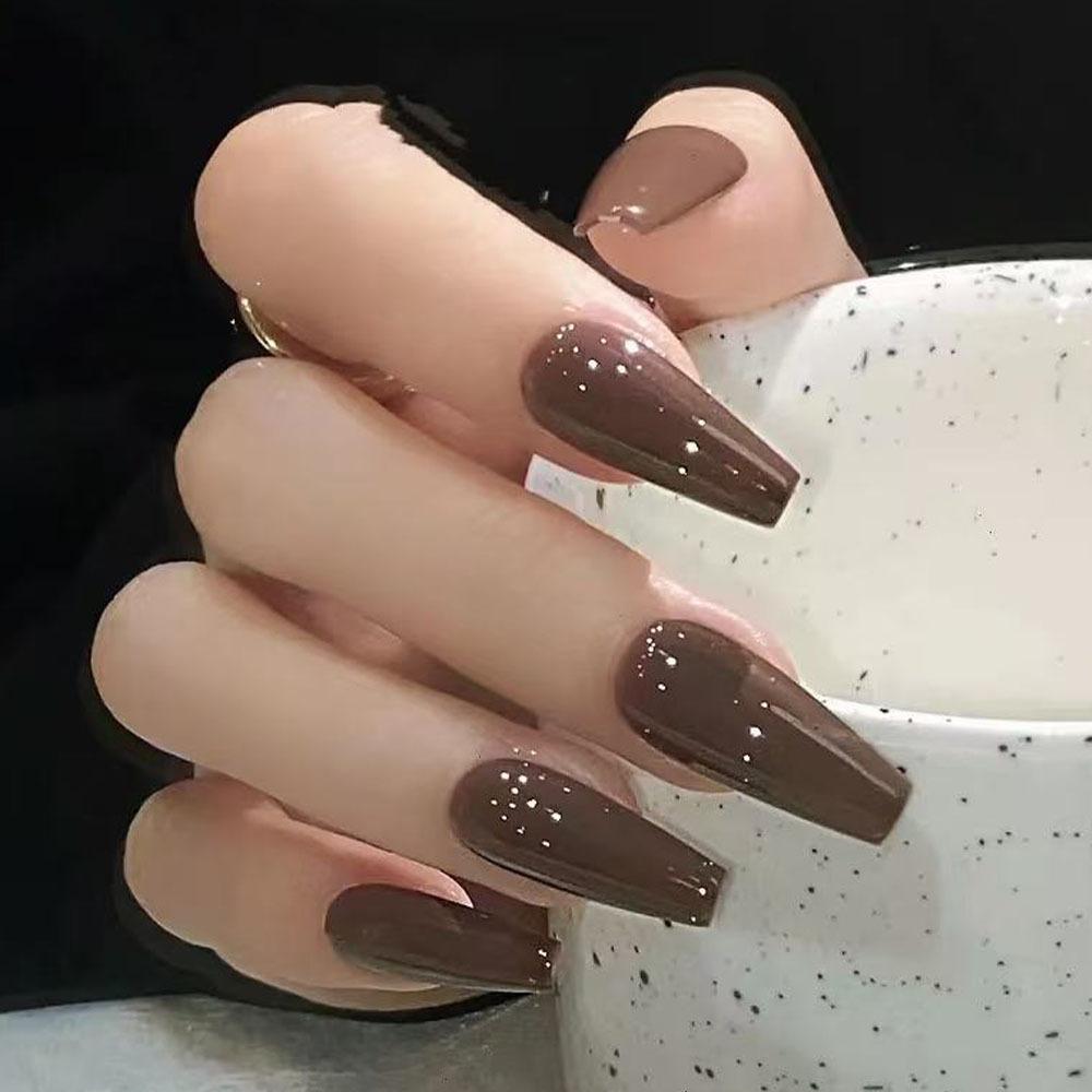 Осень и Зима Высококачественный Коричневый Маникюр Простые Длинные Балетные Ногти Однотонные Накладные Ногти 10 Штук Носимые Ногти