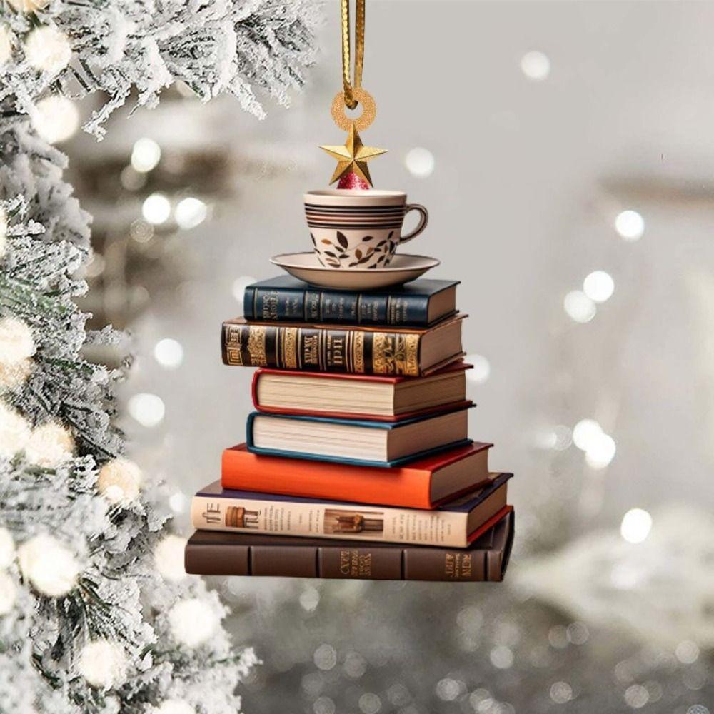 Книги, сложенные на книжной полке, рождественский подвесной акриловый рождественский подвесной светильник для окна