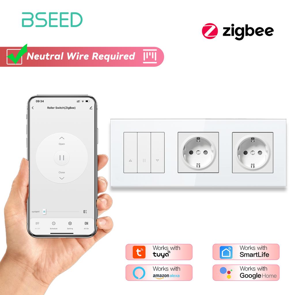 BSEED Zigbee Shutter Switch Series Wall Smart Click Switches Yellow Backlight Glass Frame Tuya APP Roller Switch EU Wall Sockets