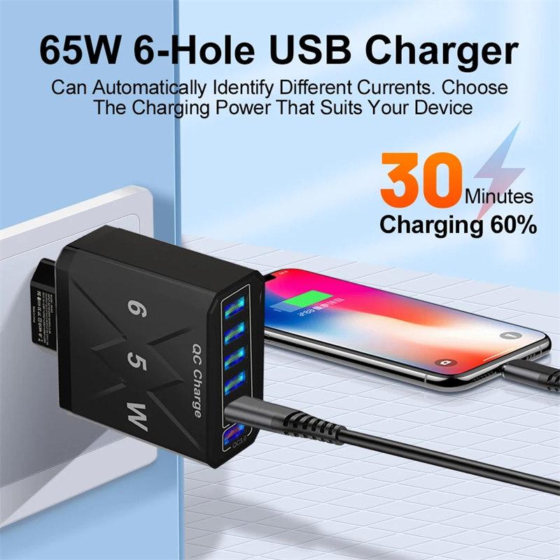 65 Вт 6 портов USB Зарядное устройство Быстрая зарядка QC3.0 Дорожное зарядное устройство для IPhone 14 Samsung Xiaomi Адаптер для мобильного телефона EU KR US UK Штекер