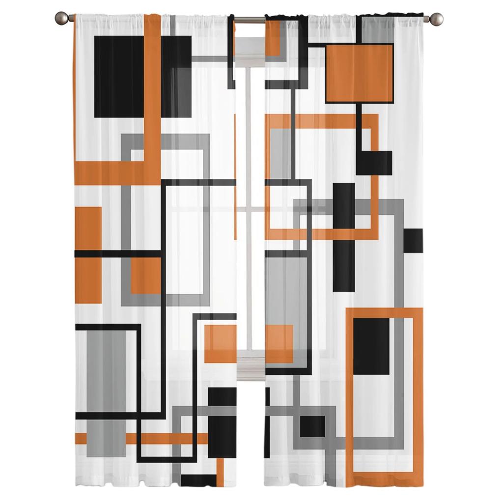 Ретро скандинавские геометрические абстрактные оранжевые прозрачные прозрачные шторы для спальни, праздничное украшение, оконная вуаль, тюлевая занавеска