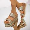 Fashion Leisure Gold Glitter Straps Slides Women 2025 Summer Chunky Platform Wedges Slippers Women Round Toe High Heels Sandals Women