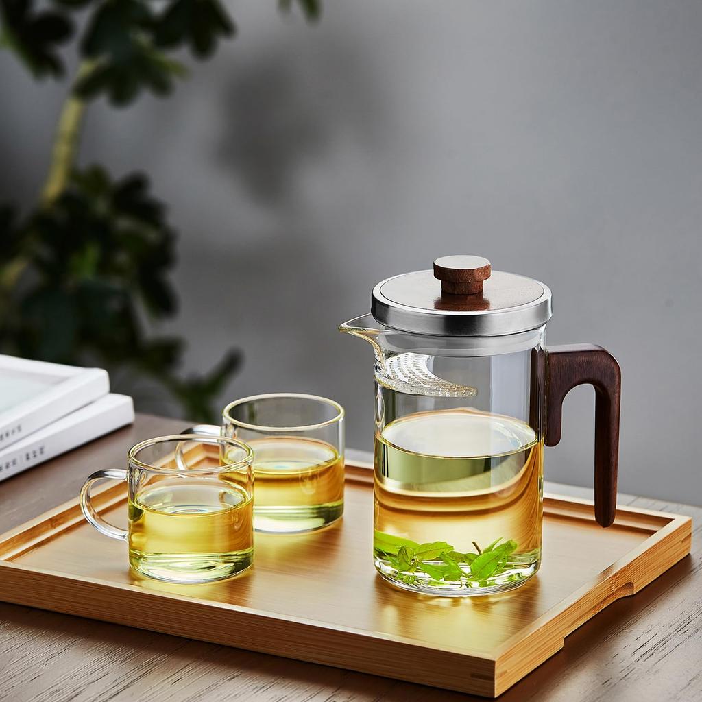 Pokaro Tea Heat-Resistant Glass Teapot, 510ml, with Stainless Steel Lid, Wooden Handle, and Integrated Strainer. Simple Design, Stylish Glass Teapot