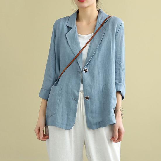 Cotton Linen Coat for Women Vintage Long Sleeve Blazer Jacket Casual Lapel 2 Buttons Thin