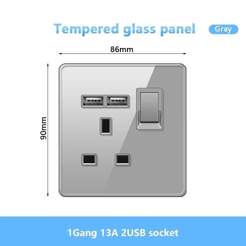 UK 13A Doublel usb электрическая розетка настенный светодиодный выключатель, серое стекло универсальный Type-c 18 Вт интеллектуальная быстрая зарядка розетка питания вилка