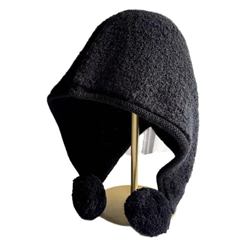 Plush ball balaclava hat women's autumn and winter big head circumference bag head ear protection face small knitted wool hat