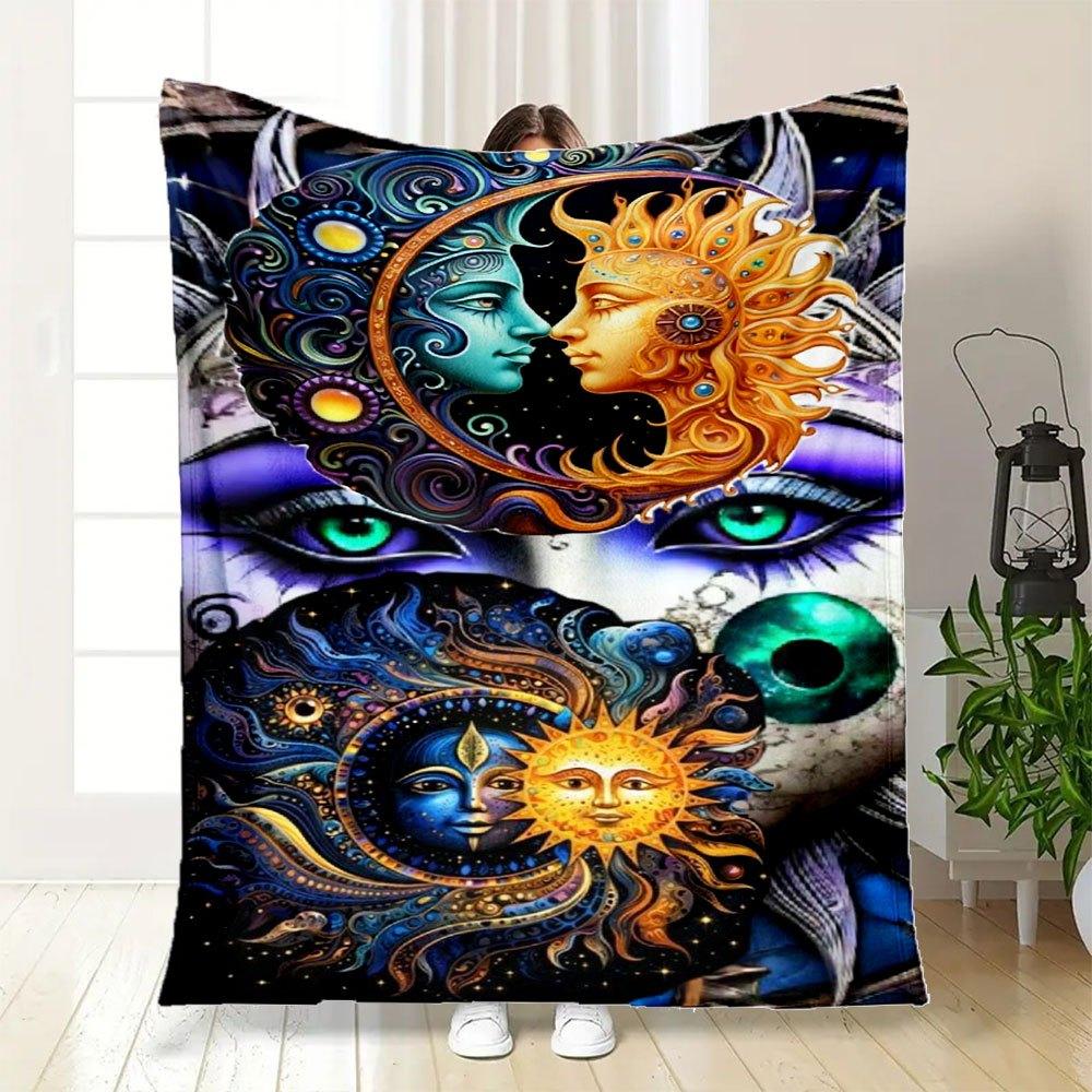 "Colorful Sun & Moon Face Mandala Art Print"Blanket Flannel Throw Blanket for Sofa, Bed, Travel, Camping, Office