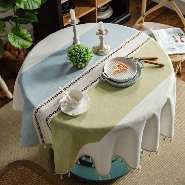 Linen Stripe Jacquard Japanese Cotton Round Tablecloth Tassel Tablecloth Able Tea Round Table Map Table Cover Dining Room