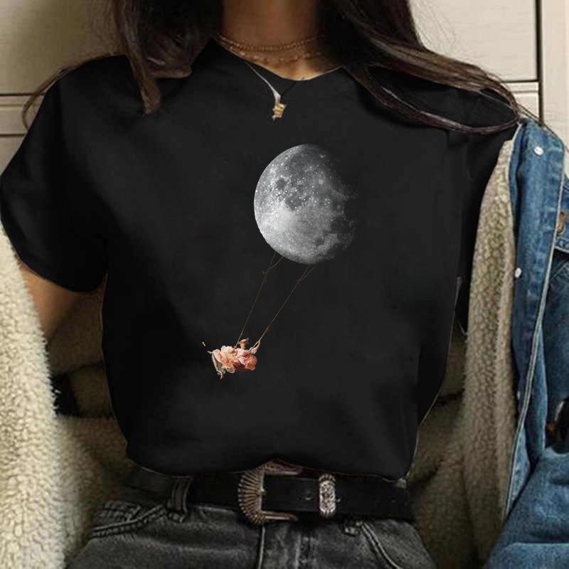 Harajuku Забавная женская футболка 90 s Girl Moon с мультяшным графическим принтом, черная женская футболка, повседневная женская рубашка, кавайная футболка
