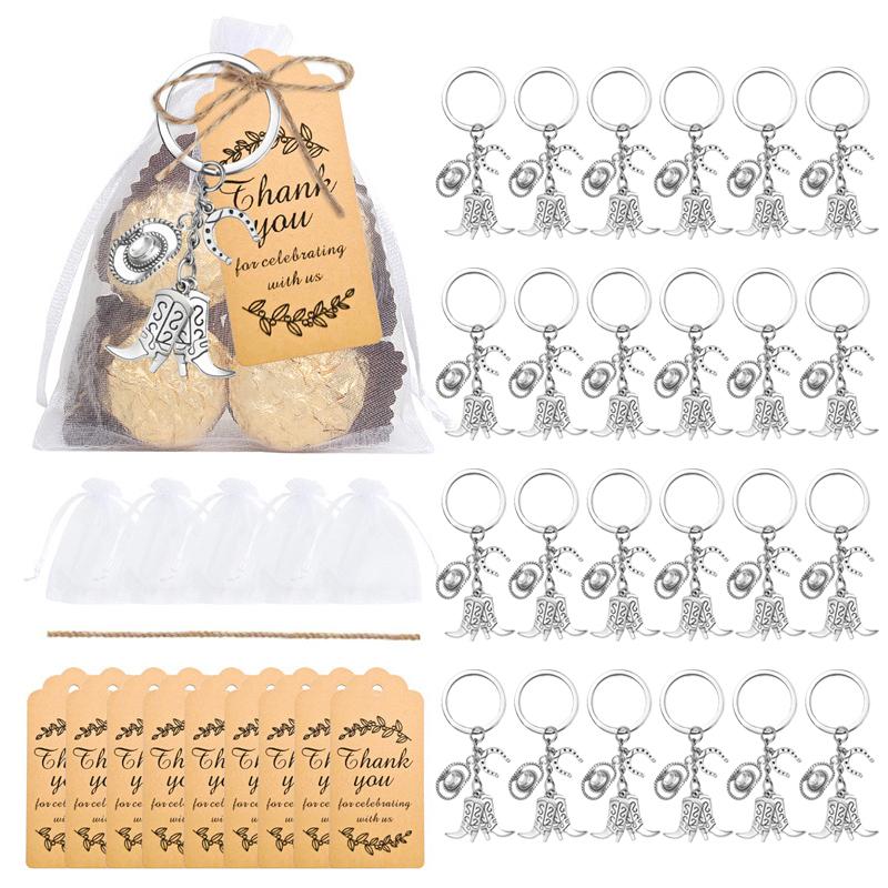 24Set Cowboy Western Party Favors Cowboy Keychain Hat Boot Horse Shoe Keyring With Organza Bags Thank You Tags And Rope