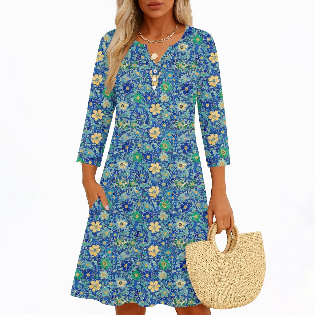 Платья для женщин Весенние сарафаны Женское повседневное платье с рукавом 3/4 V-образный вырез Бохо Платье с цветочным принтом