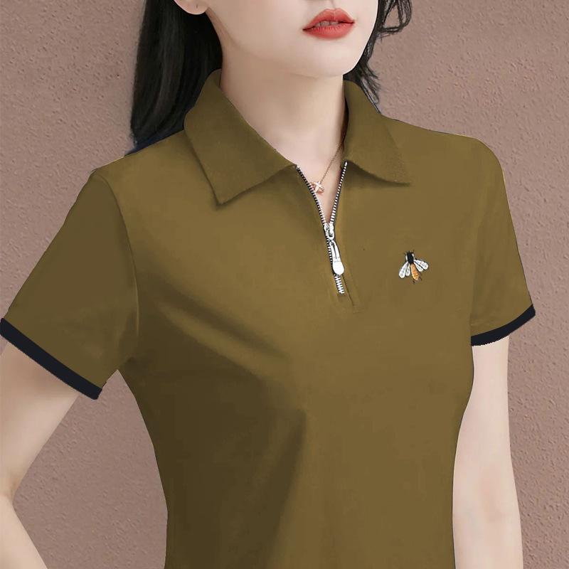 Polo Shirt Zipper Short-sleeved T-shirt Women's New Summer Lapel Casual Middle-aged Mother's Top